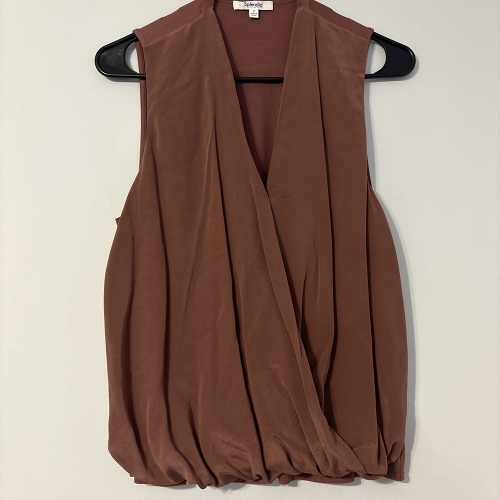 Splendid Collection Women's S Silk Wrap Front Blouse Rust Draped Sleeveless